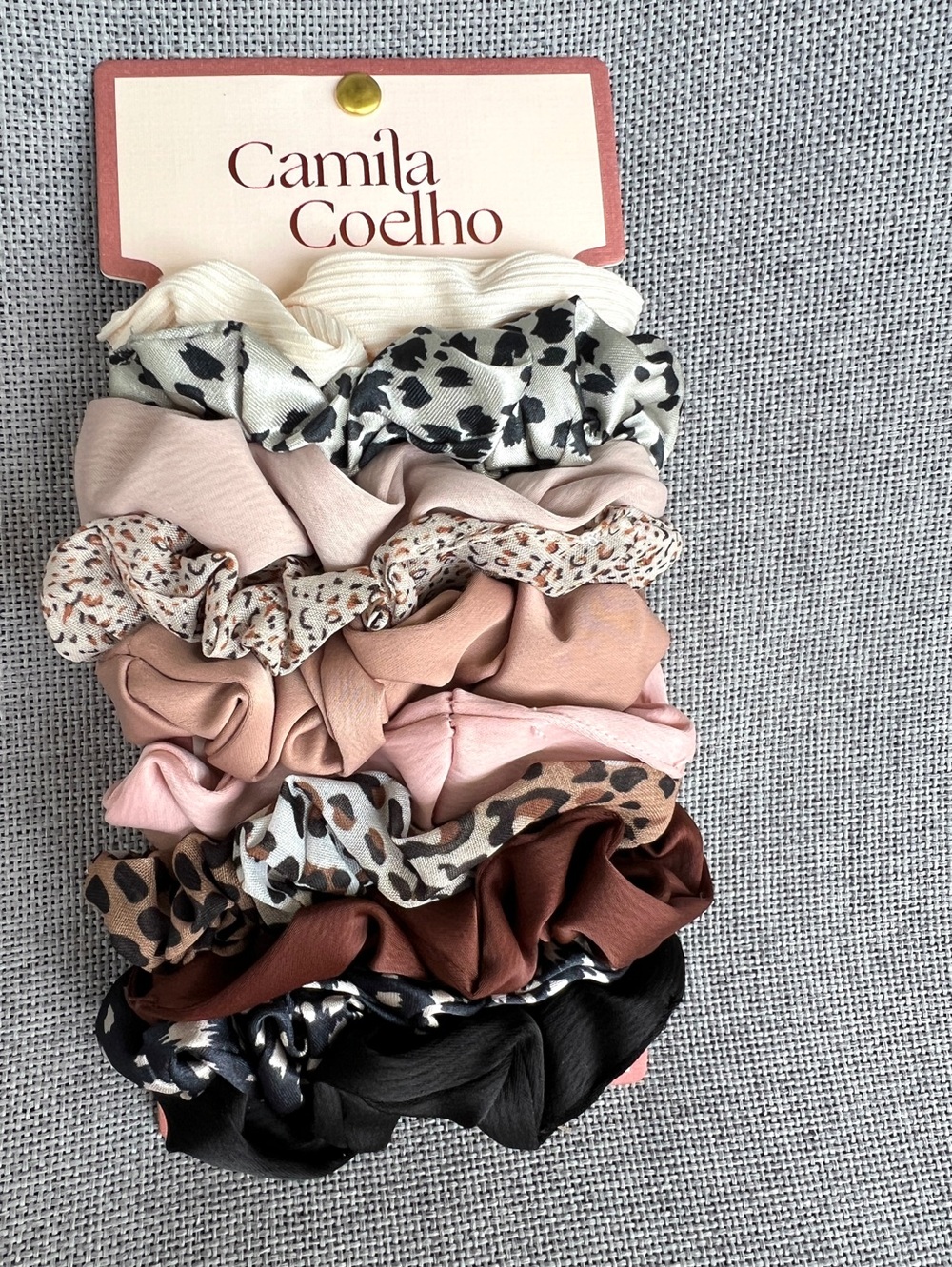 Camila Coelho set of 10 scrunchies animal print satin chiffon black neutral